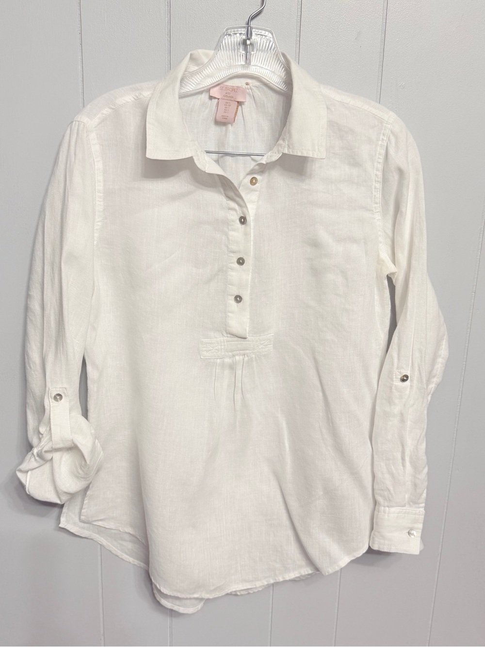 #19)  St. Tropez White Linen Half Button Top With roll up sleeve